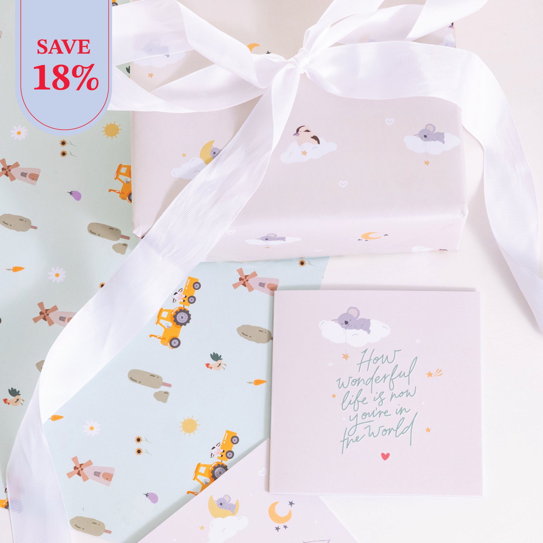 Koala New Birthday & Baby Shower Matching Set: Birthday Cards, Double Sided Wrapping Paper and Gift Tags