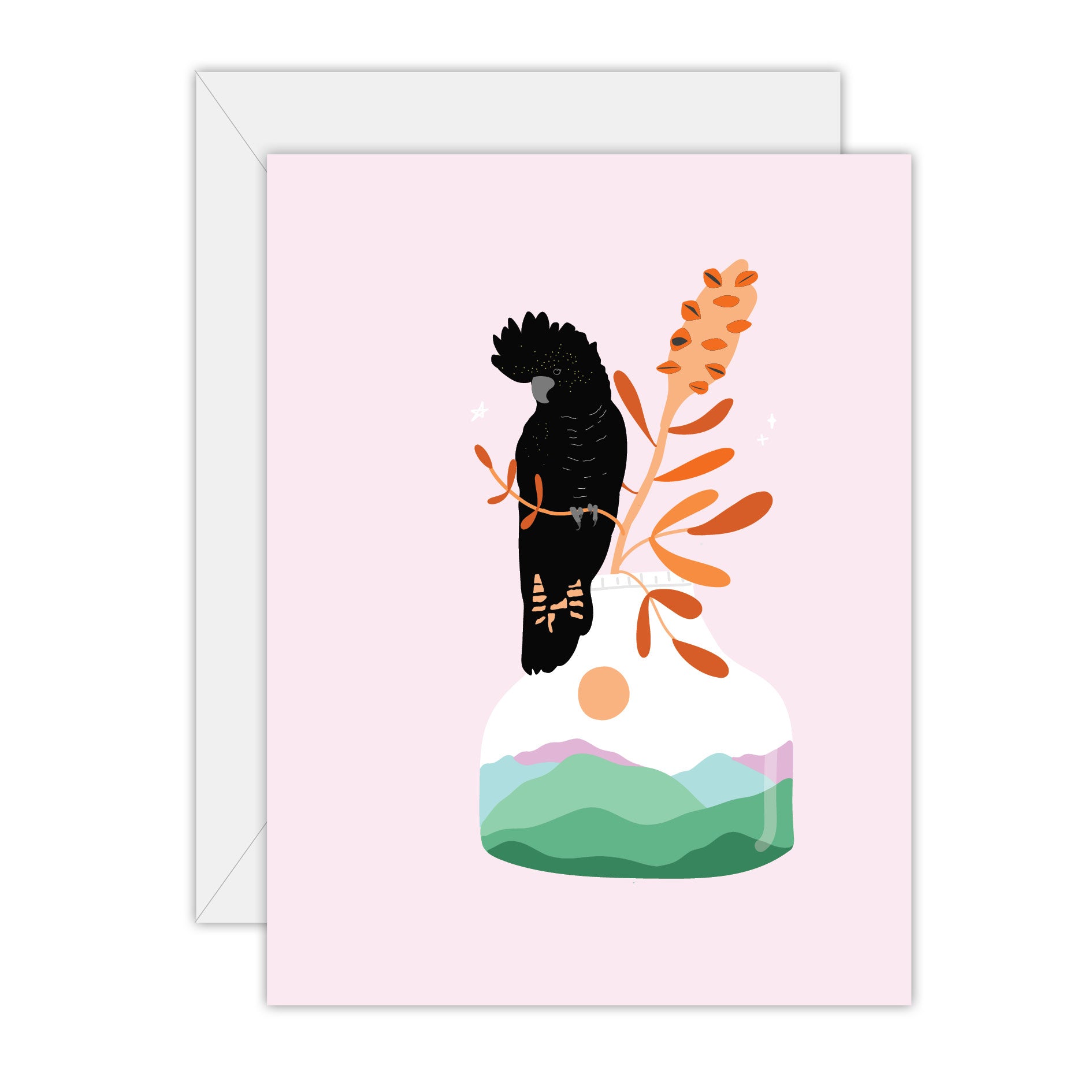Floral with Red-tailed black cockatoo - Blank Card